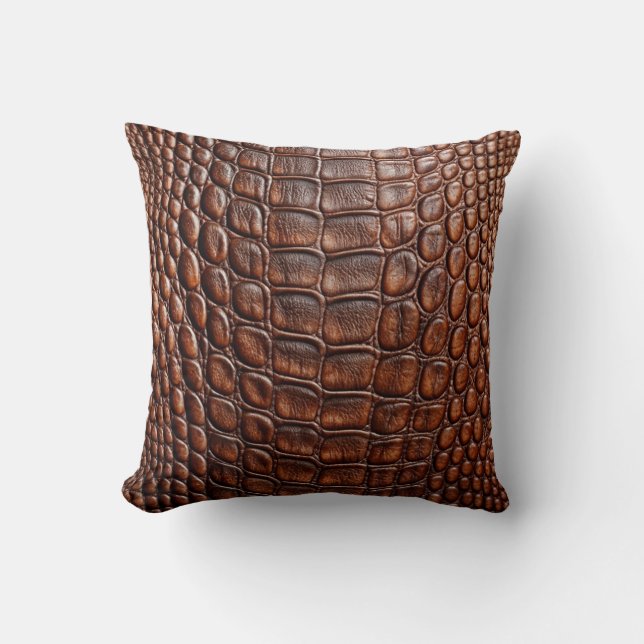 Alligator Crocodile Skin Faux Brown Leather  Throw Pillow (Front)