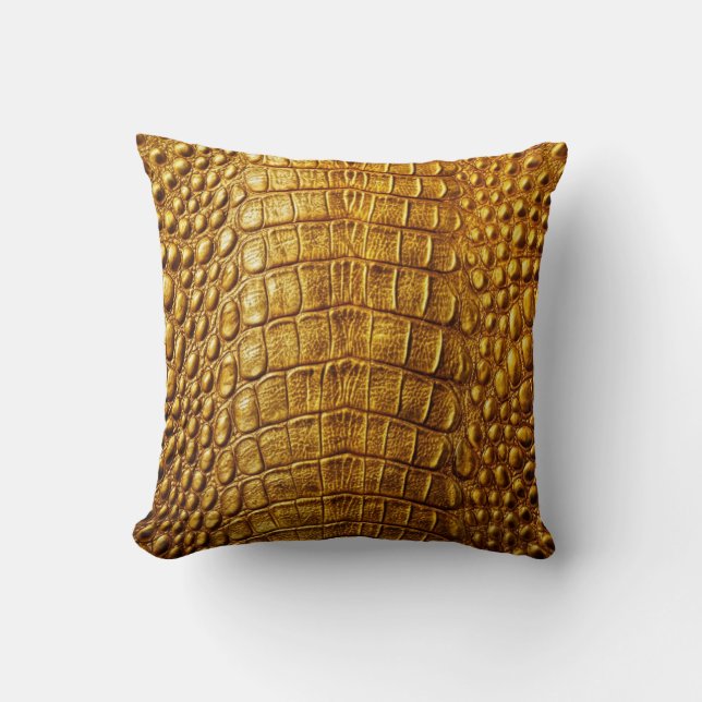 Alligator Crocodile Skin Faux Old Gold Leather  Throw Pillow (Front)