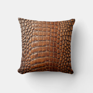 Alligator Crocodile Skin Faux Shiny Brown Leather Throw Pillow