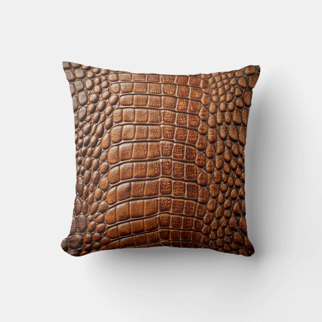 Alligator Crocodile Skin Faux Shiny Brown Leather  Throw Pillow (Front)