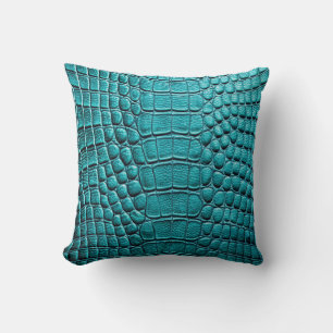 Alligator Crocodile Skin Faux Shiny Teal Leather  Throw Pillow