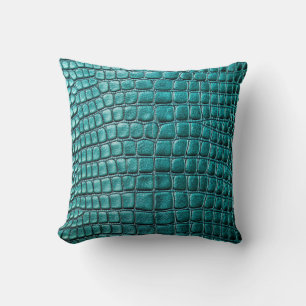 Alligator Crocodile Skin Faux Teal Leather Throw Pillow