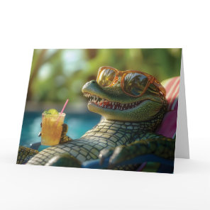 Alligator Enjoying a Poolside Cocktail Card
