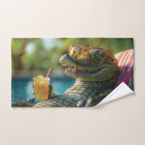 Alligator Enjoying a Poolside Cocktail Hand Towel
