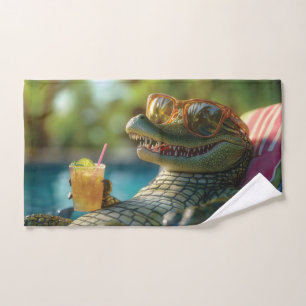 Alligator Enjoying a Poolside Cocktail Hand Towel