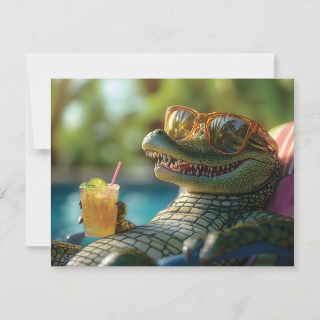 Alligator Enjoying a Poolside Cocktail Holiday Card (Front)