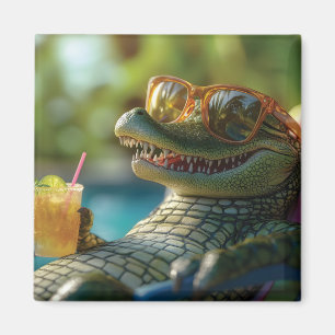 Alligator Enjoying a Poolside Cocktail Magnet