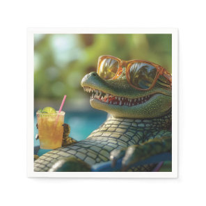 Alligator Enjoying a Poolside Cocktail Napkins