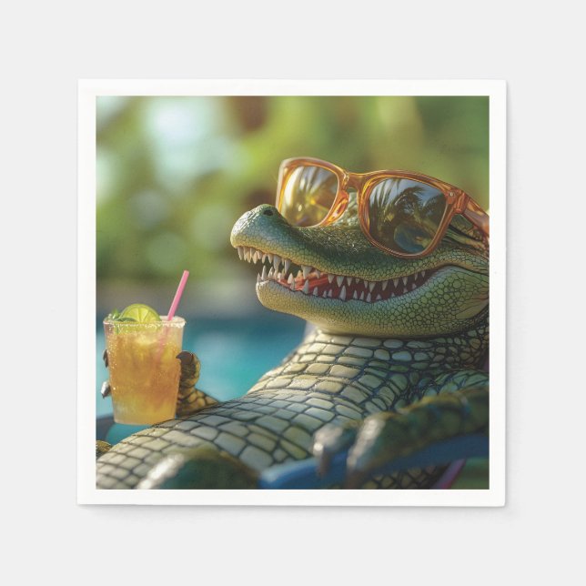 Alligator Enjoying a Poolside Cocktail Napkins (Front)