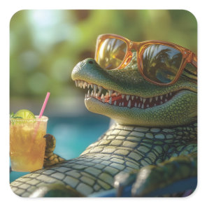 Alligator Enjoying a Poolside Cocktail Square Sticker