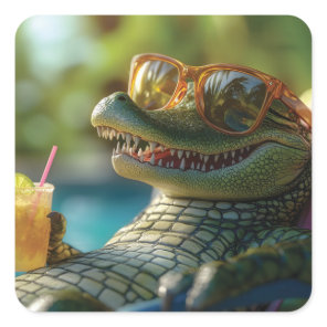 Alligator Enjoying a Poolside Cocktail Square Sticker