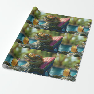Alligator Enjoying a Poolside Cocktail Wrapping Paper