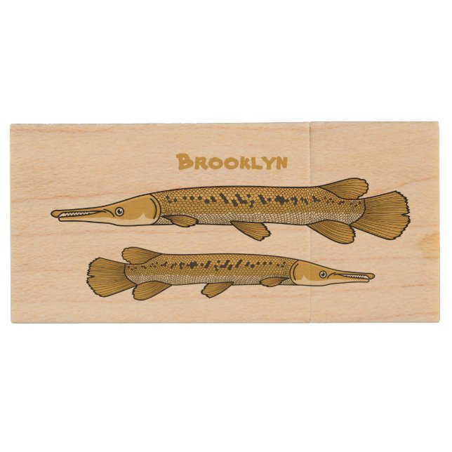 Alligator garfish cartoon illustration wood flash drive (Front)