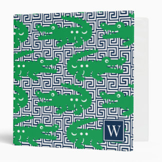  Alligator Greek Key- Green & Navy Monogram 3 Ring Binder