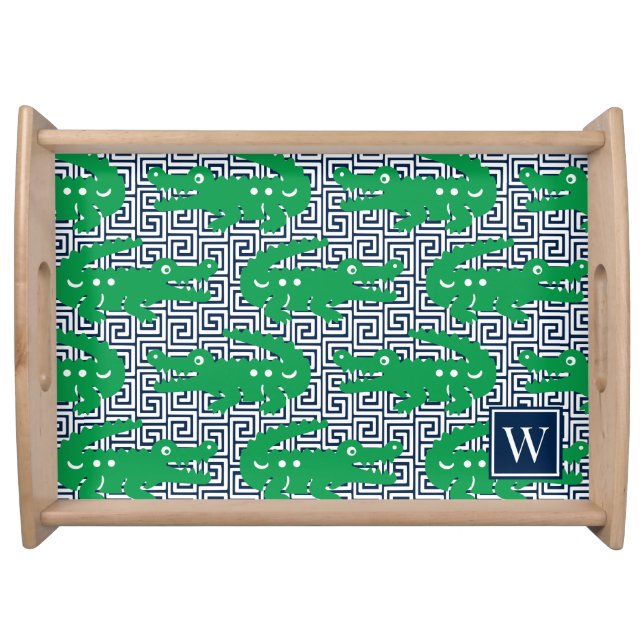  Alligator Greek Key- Green & Navy Monogram Serving Tray (Front)