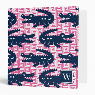  Alligator Greek Key- Hot Pink & Navy Monogram 3 Ring Binder