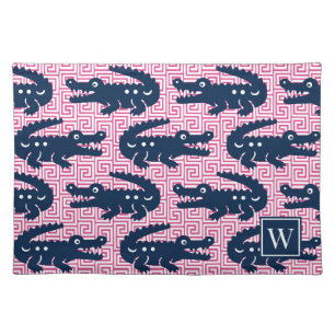 Alligator Greek Key- Hot Pink & Navy Monogram Cloth Placemat