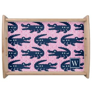 Alligator Greek Key- Hot Pink & Navy Monogram Serving Tray