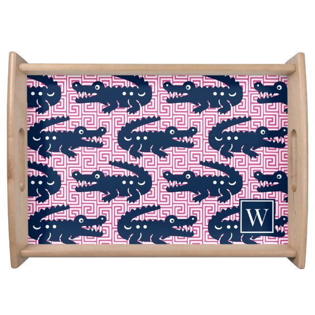  Alligator Greek Key- Hot Pink & Navy Monogram Serving Tray (Front)