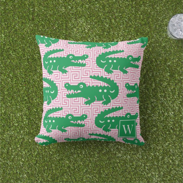  Alligator Greek Key- Pink & Green Monogram Outdoor Pillow (Grass)