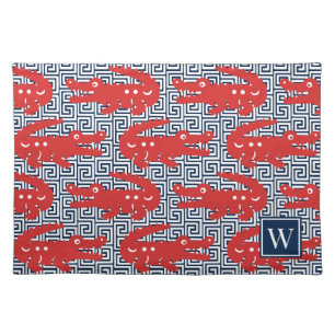 Alligator Greek Key- Red & Navy Monogram Cloth Placemat