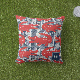 Alligator Greek Key- Red & Navy Monogram Outdoor Pillow