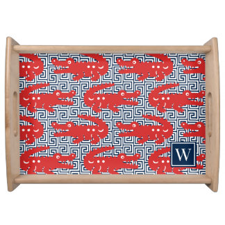  Alligator Greek Key- Red & Navy Monogram Serving Tray
