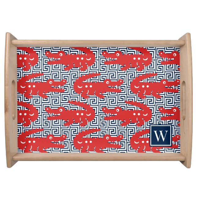  Alligator Greek Key- Red & Navy Monogram Serving Tray (Front)