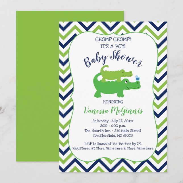 Alligator Green Blue Boy Baby Shower Invitation (Front/Back)