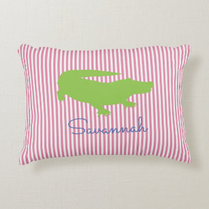 Alligator Green Pink Preppy Personalized Name Accent Pillow