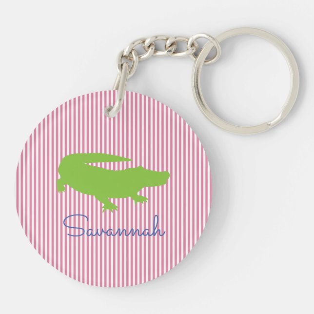 Alligator Green Pink Preppy Personalized Name  Keychain (Back)