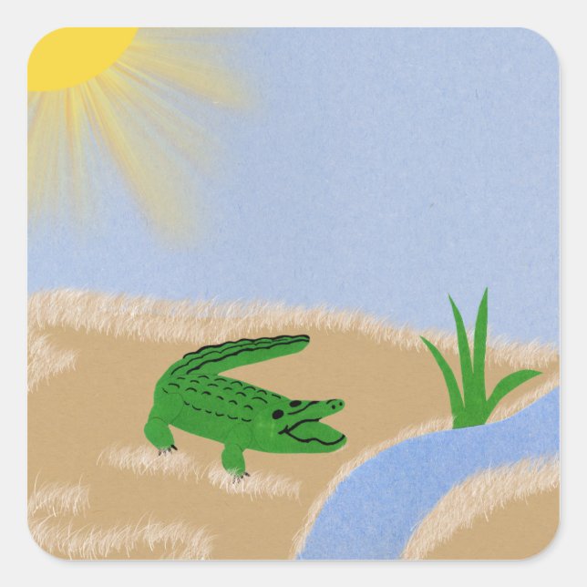 Alligator Green Whimsical Cartoon Art Square Sticker (Front)
