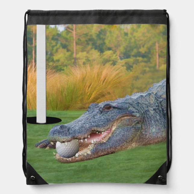 Alligator, Hazardous Lie on Golf Course Drawstring Bag (Front)
