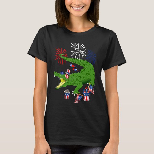 Alligator Holding American Flag Sunglasses Happy 4 T-Shirt (Front)