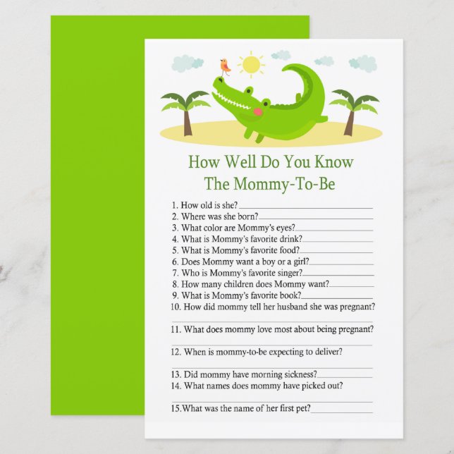 Alligator How well do you know baby shower game (Front/Back)