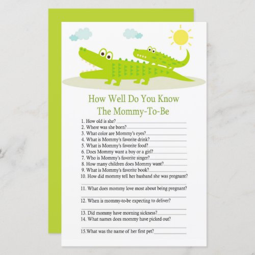 Alligator how well do you know baby shower game