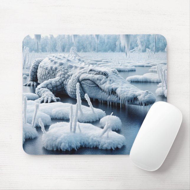 Alligator In Snowy Swamp Mouse Pad (With Mouse)