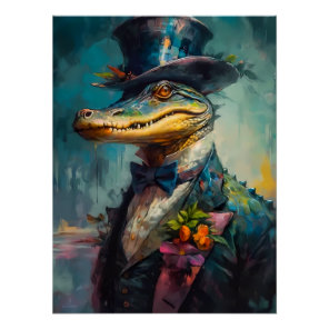 Alligator in Top Hat & Bow Tie Poster