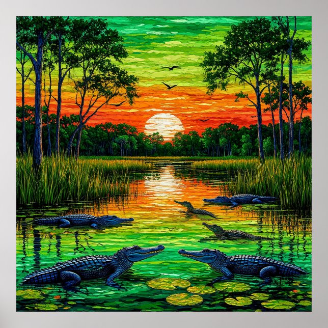 Alligator-Lined Riverbank at Sunset Poster (Front)