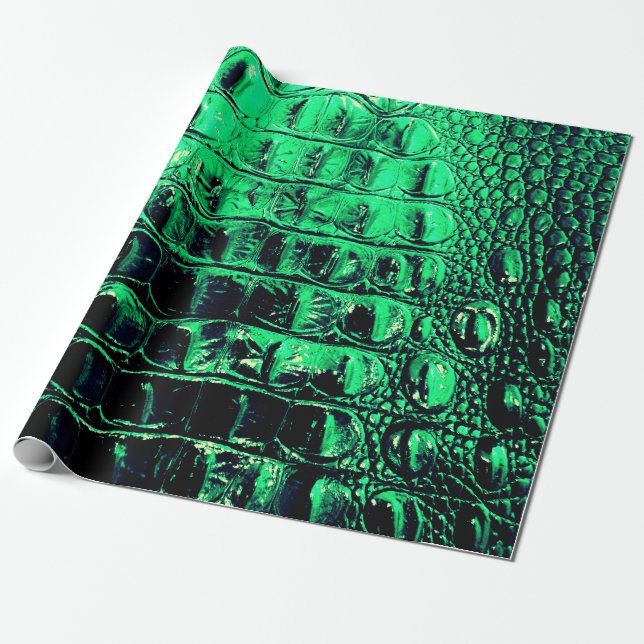 ALLIGATOR METALLIC GREEN WRAPPING PAPER (Unrolled)