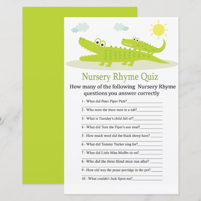 Alligator Nursery Rhyme Quiz baby shower game (Front/Back)