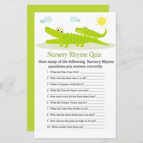 Alligator Nursery Rhyme Quiz baby shower game