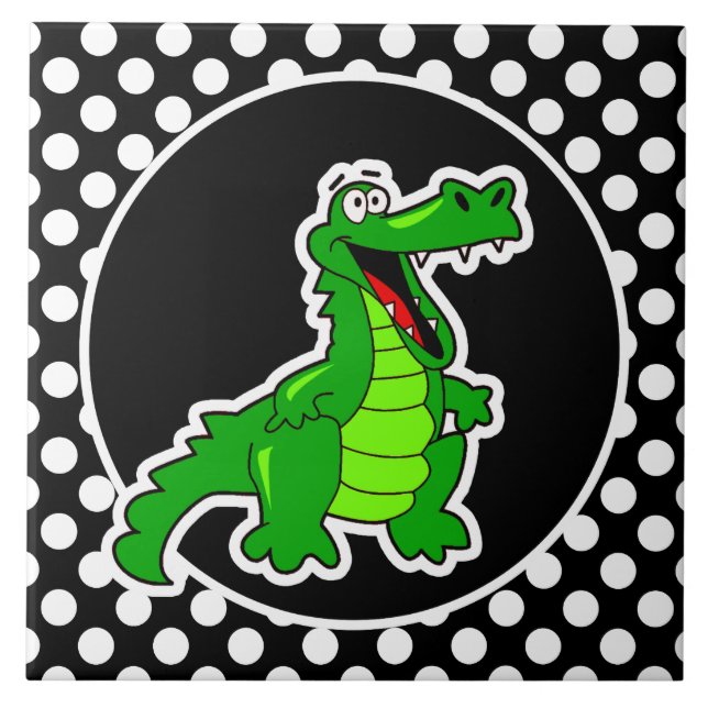 Alligator on Black and White Polka Dots Ceramic Tile (Front)