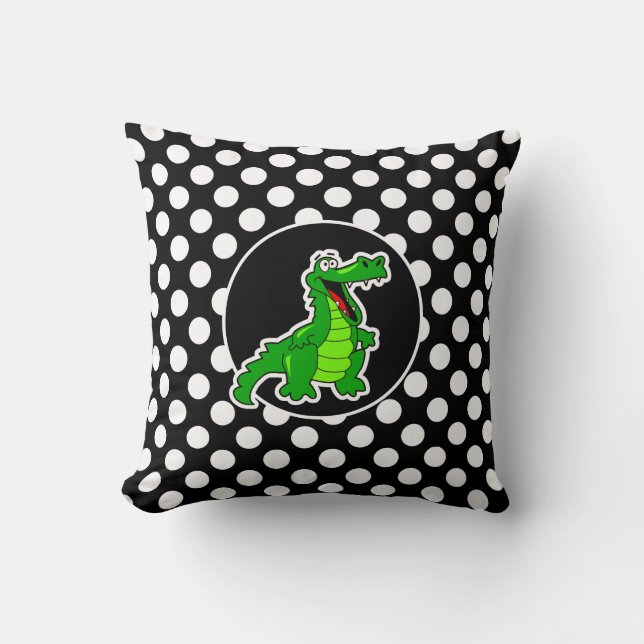 Alligator on Black and White Polka Dots Throw Pillow (Front)