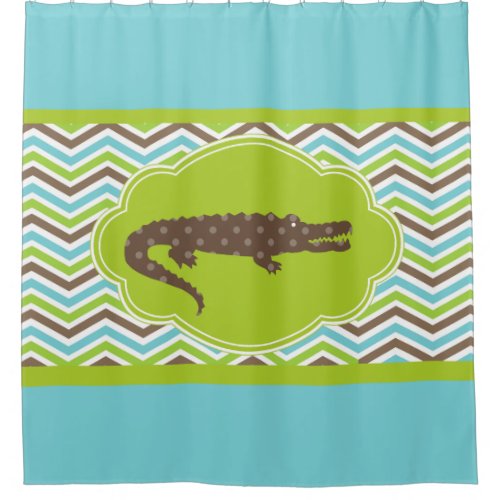 Alligator on Blue Green Brown White Chevron Shower Curtain