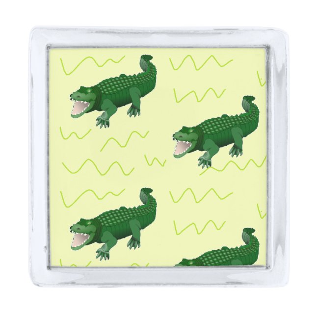 Alligator on yellow silver finish lapel pin (Front)