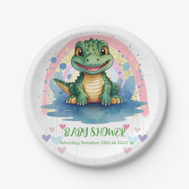Alligator Pastel Rainbow Colorful Baby Shower Paper Plates (Front)