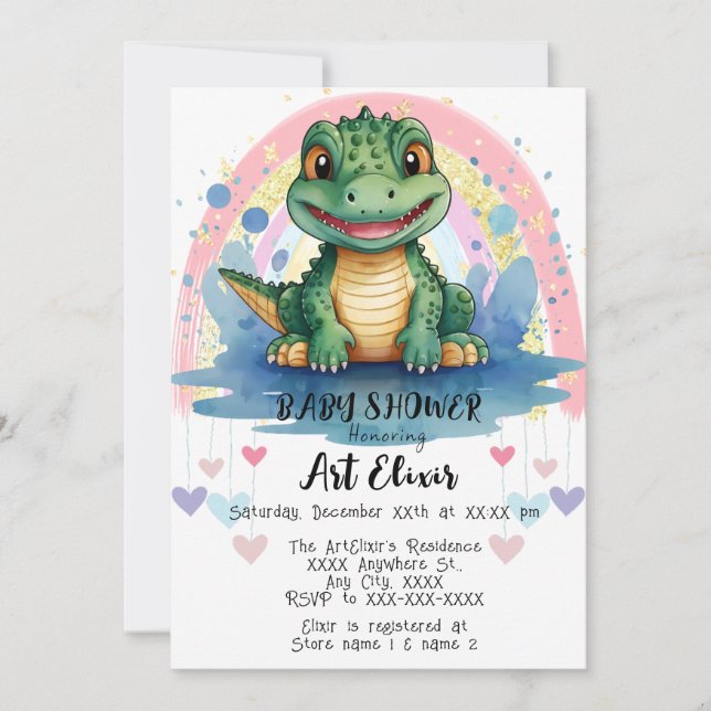 Alligator Pastel Rainbow Hearts Colorful Print Invitation (Front)