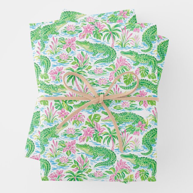 Alligator Preppy Palm Beach Pattern Print Wrapping Paper Sheets (In situ)