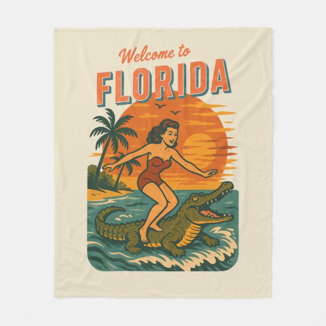 Alligator Surfing Beach Pin-up | Retro Coastal Art Fleece Blanket (Front)